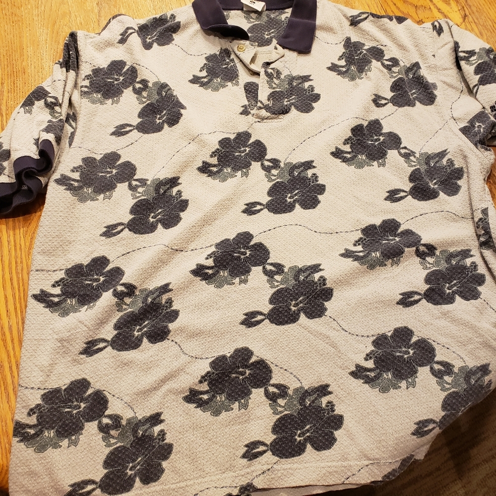 Columbia Golf polo gray and navy blue hibiscus print mens XL